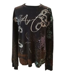 Ruthless Art Mens XL Thermal Shirt Waffle Knit Rhinestone Graphic Y2K Black FLAW